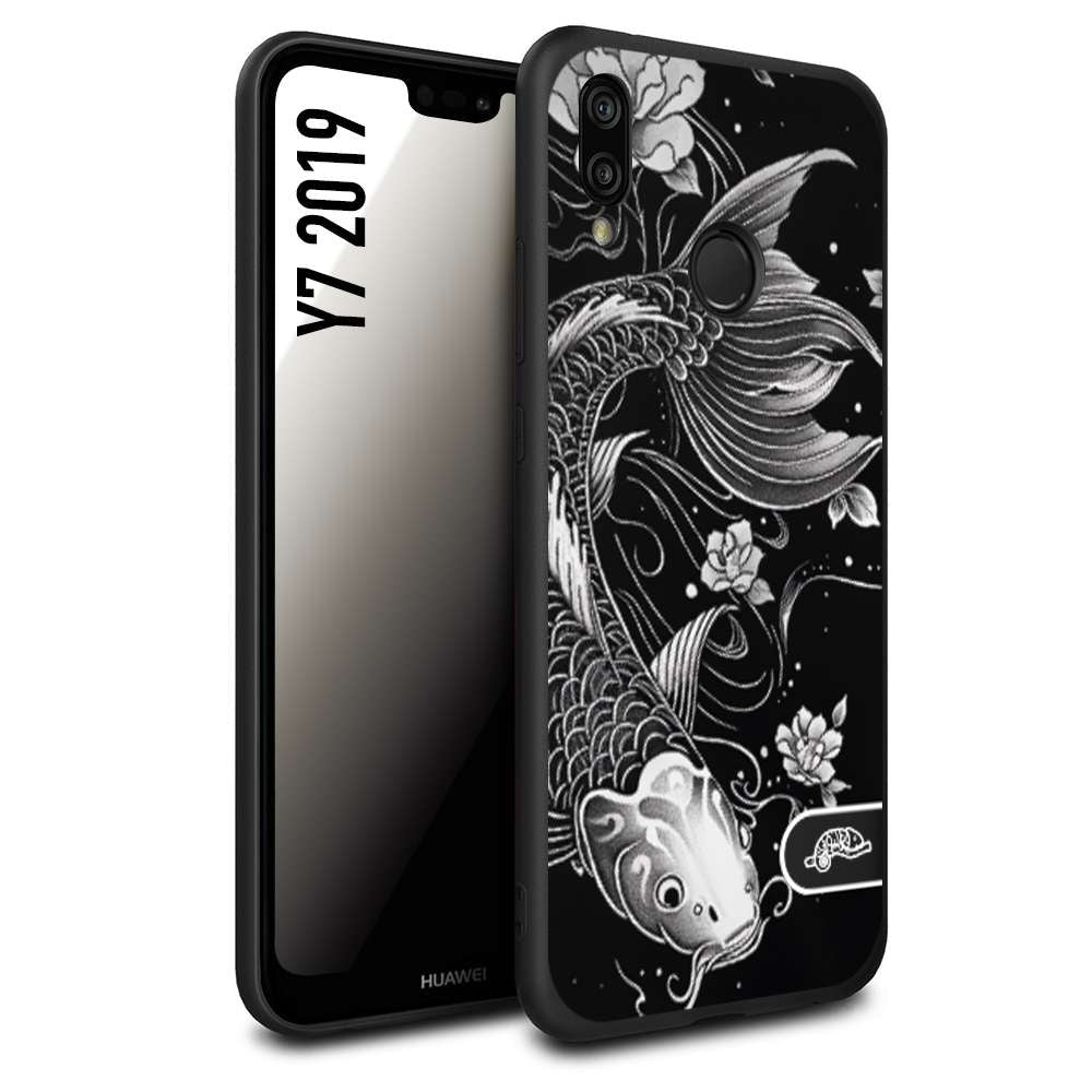 CUSTOMIZZA - Custodia cover nera morbida in tpu compatibile per Huawei Y7 2019 carpa koi black and white bianco a rilievo disegnato tattoo tatuaggio