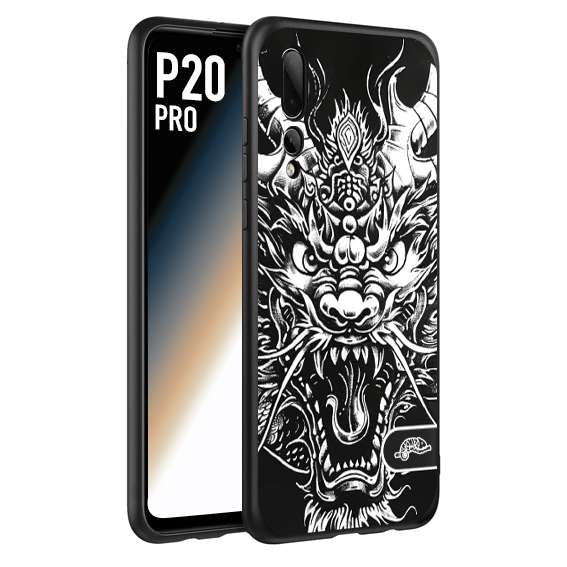 CUSTOMIZZA - Custodia cover nera morbida in tpu compatibile per Huawei P20 PRO drago black and white bianco a rilievo disegnato tattoo tatuaggio