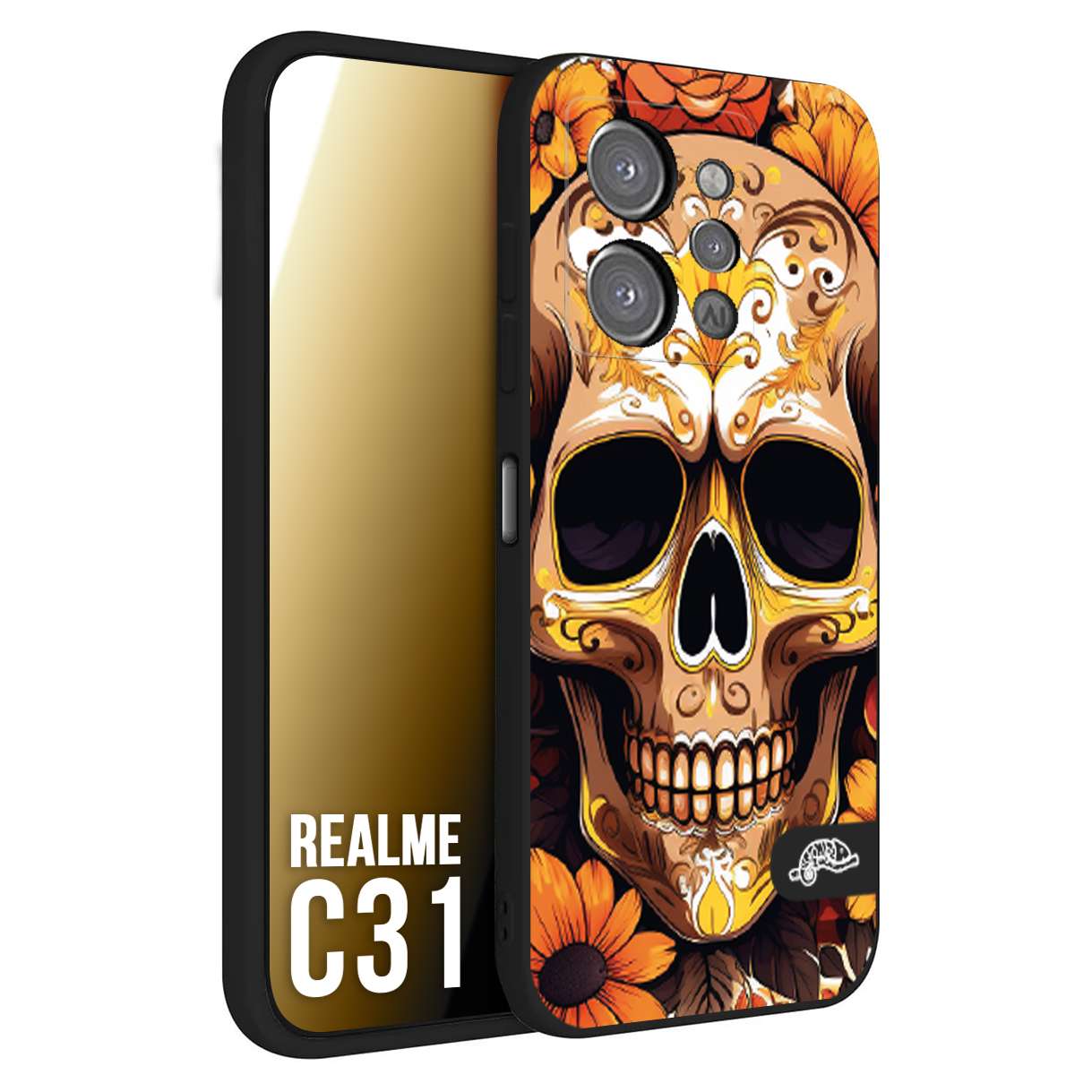 CUSTOMIZZA - Custodia cover nera morbida in tpu compatibile per Oppo Realme C31 teschio messicano colorato dorato fiori tattoo disegnato