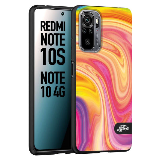 CUSTOMIZZA - Custodia cover nera morbida in tpu compatibile per Xiaomi Redmi Note 10S colorata fantasia vortice marmo onde rosa fucsia gialla