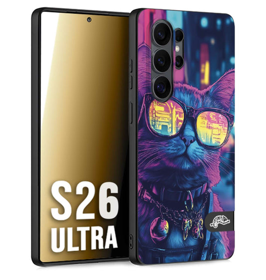 CUSTOMIZZA - Custodia cover nera morbida in tpu compatibile per Samsung S26 ULTRA animali cyberpunk gatto street cat fucsia blu giallo