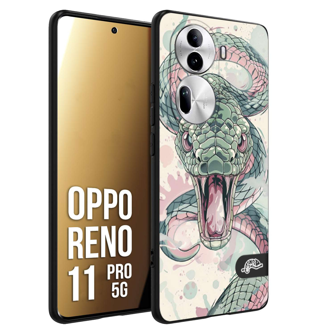 CUSTOMIZZA - Custodia cover nera morbida in tpu compatibile per Oppo Reno 11 PRO 5G snake pink green serpente tatuaggio tattoo disegnato a mano