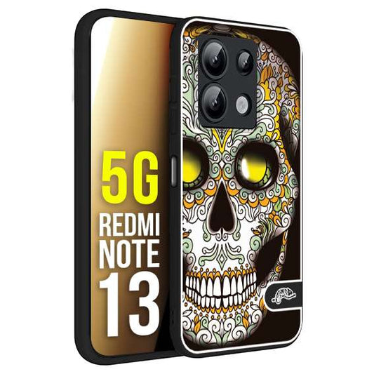 CUSTOMIZZA - Custodia cover nera morbida in tpu compatibile per Xiaomi Redmi Note 13 5G teschio messicano Mexican skull bianco verde giallo