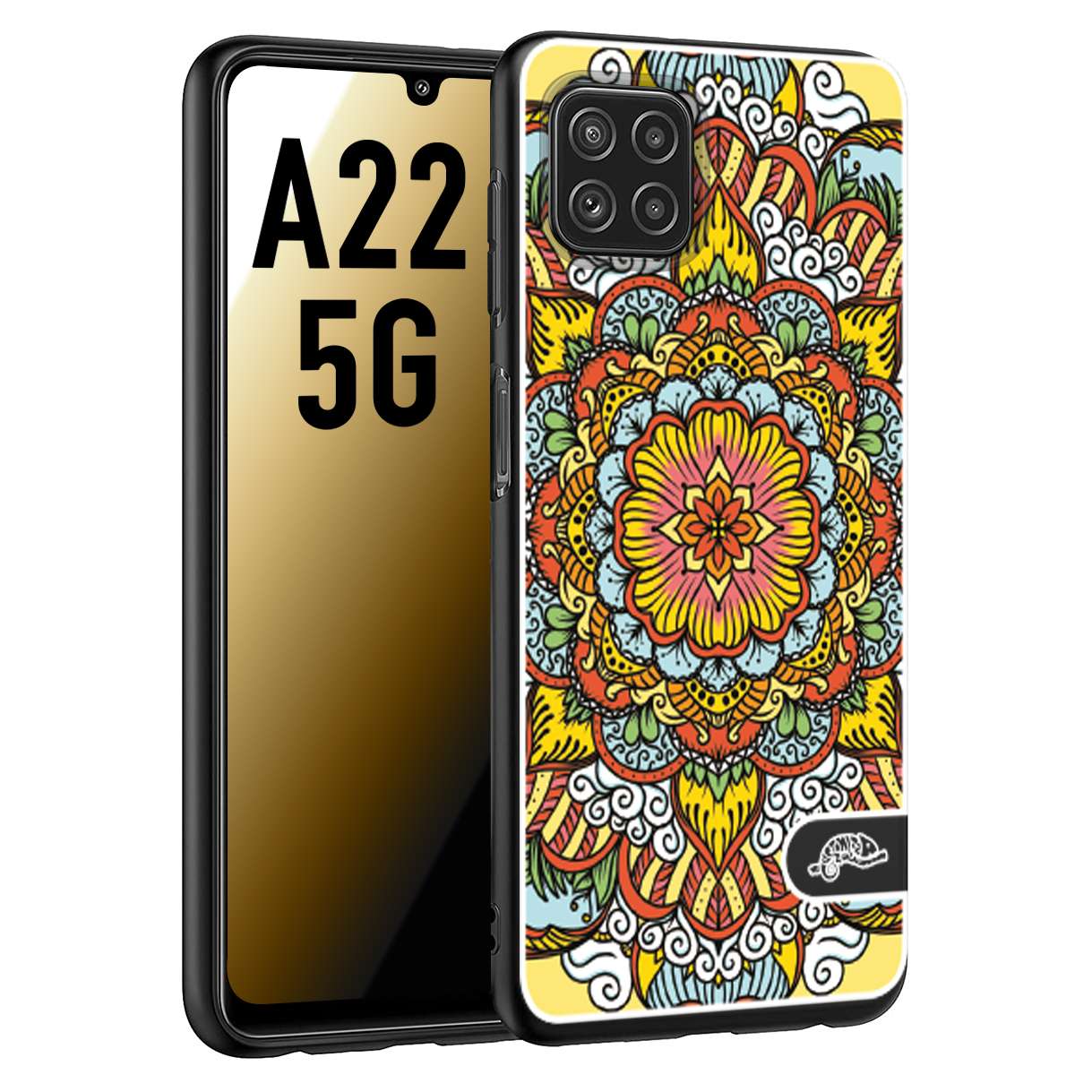 CUSTOMIZZA - Custodia cover nera morbida in tpu compatibile per Samsung A22 5G mandala colorato fiore nuvole arancione