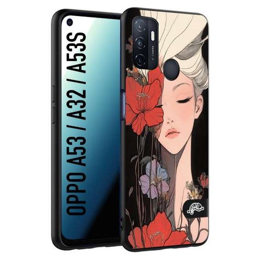 CUSTOMIZZA - Custodia cover nera morbida in tpu compatibile per Oppo A53 - A32 - A53S woman flower Fantasia Floreale Design Donna e Fiori, Retro Artistico