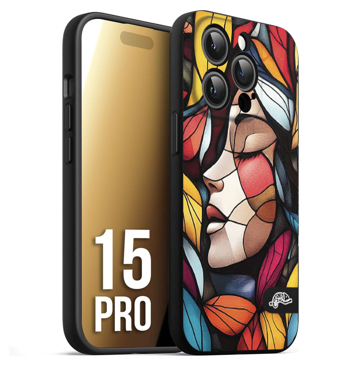 CUSTOMIZZA - Custodia cover nera morbida in tpu compatibile per iPhone 15 PRO Vetrata artistica volto di donna profilo fogliare mosaico di vetro colorato