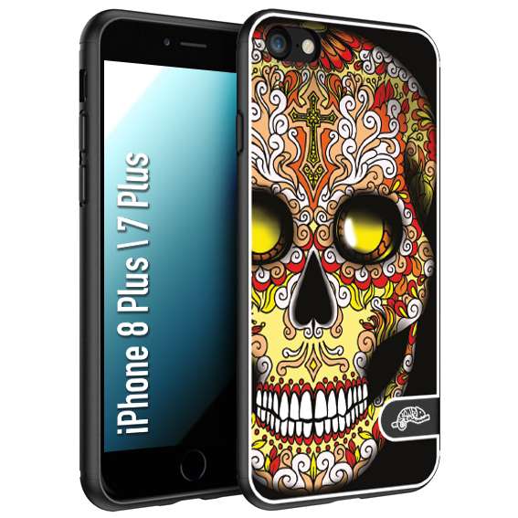 CUSTOMIZZA - Custodia cover nera morbida in tpu compatibile per iPhone 7 Plus - 8 plus teschio messicano Mexican skull giallo rosso arancio