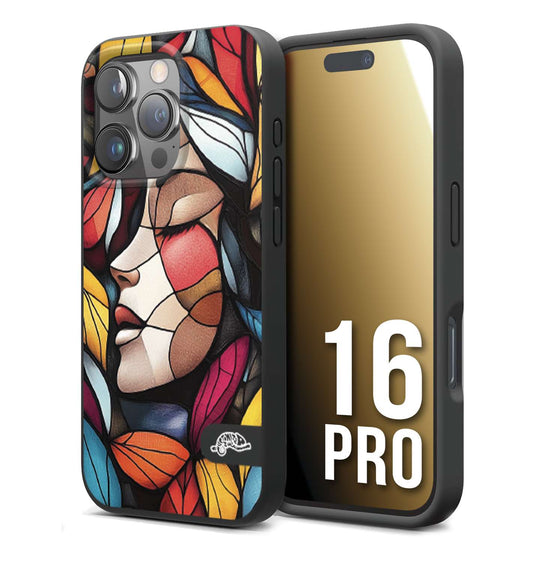 CUSTOMIZZA - Custodia cover nera morbida in tpu compatibile per iPhone 16 PRO Vetrata artistica volto di donna profilo fogliare mosaico di vetro colorato