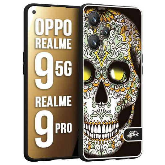 CUSTOMIZZA - Custodia cover nera morbida in tpu compatibile per Realme 9 5G - 9 PRO teschio messicano Mexican skull bianco verde giallo