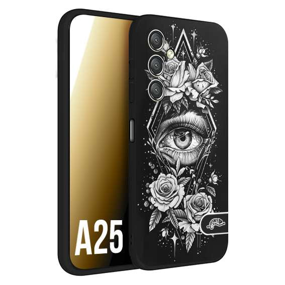 CUSTOMIZZA - Custodia cover nera morbida in tpu compatibile per Samsung A25 occhio fiori rombo geometrico black and white bianco a rilievo disegnato tattoo tatuaggio