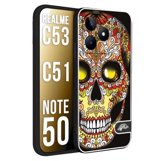 CUSTOMIZZA - Custodia cover nera morbida in tpu compatibile per Oppo Realme C53 - C51 - NOTE 50 teschio messicano Mexican skull giallo rosso arancio