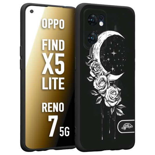 CUSTOMIZZA - Custodia cover nera morbida in tpu compatibile per Oppo Reno 7 - Find X5 LITE luna e fiori moon flowers black and white bianco a rilievo disegnato tattoo tatuaggio