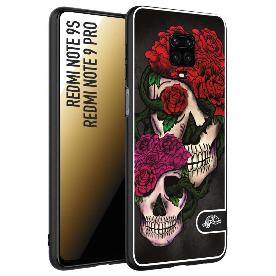 CUSTOMIZZA - Custodia cover nera morbida in tpu compatibile per Xiaomi Redmi Note 9S - Note 9 PRO teschi e rose rosse fucsia skull and roses