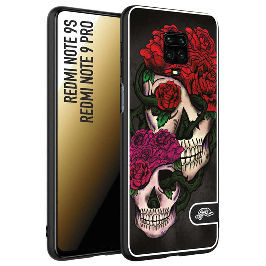 CUSTOMIZZA - Custodia cover nera morbida in tpu compatibile per Xiaomi Redmi Note 9S - Note 9 PRO teschi e rose rosse fucsia skull and roses