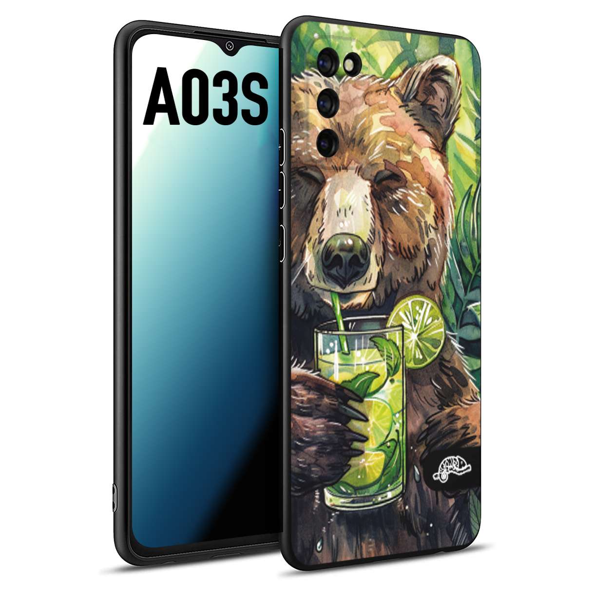 CUSTOMIZZA - Custodia cover nera morbida in tpu compatibile per Samsung A03S estate disegnata cocktails animali simpatici orso bear negroni