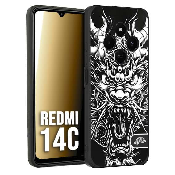 CUSTOMIZZA - Custodia cover nera morbida in tpu compatibile per Xiaomi Redmi 14C drago black and white bianco a rilievo disegnato tattoo tatuaggio