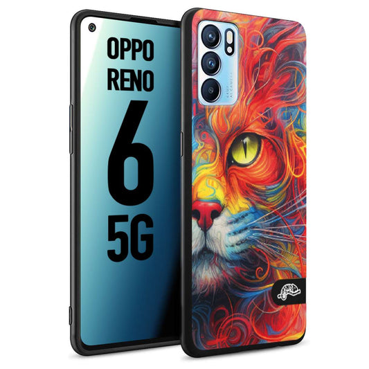 CUSTOMIZZA - Custodia cover nera morbida in tpu compatibile per Oppo Reno 6 5G animali color cat gatto viso colori vibranti disegnato schizzo