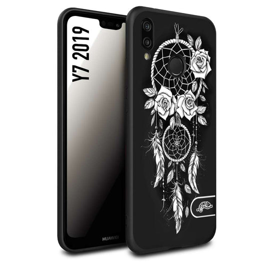 CUSTOMIZZA - Custodia cover nera morbida in tpu compatibile per Huawei Y7 2019 acchiappasogni dreamcatcher black and white bianco a rilievo disegnato tattoo tatuaggio