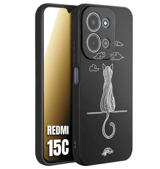 CUSTOMIZZA - Custodia cover nera morbida in tpu compatibile per Xiaomi Redmi 15C gatto mandala stilizzato gattino a rilievo soft touch donna bianca