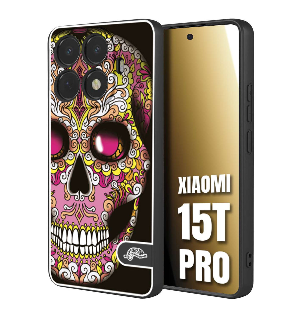 CUSTOMIZZA - Custodia cover nera morbida in tpu compatibile per Xiaomi 15T PRO teschio messicano Mexican skull rosa gialla
