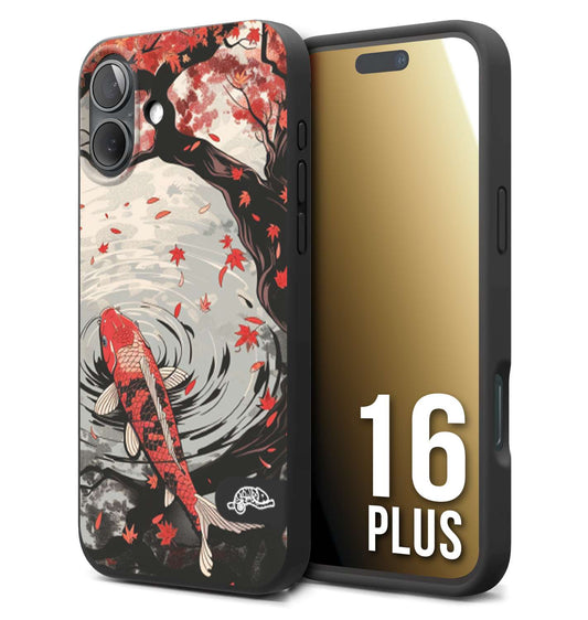 CUSTOMIZZA - Custodia cover nera morbida in tpu compatibile per iPhone 16 PLUS giapponese lago carpa koi rossa con foglie d'acero rosso disegnata tattoo