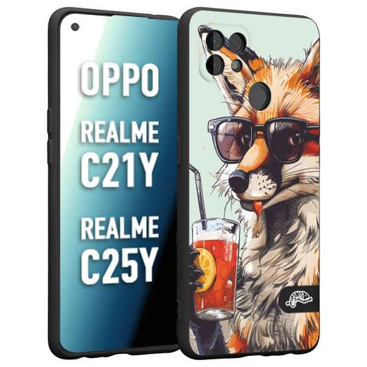 CUSTOMIZZA - Custodia cover nera morbida in tpu compatibile per Oppo Realme C21Y - C25Y estate disegnata cocktails animali simpatici fox volpe negroni