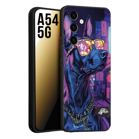 CUSTOMIZZA - Custodia cover nera morbida in tpu compatibile per Samsung A54 5G animali cyberpunk dobermann cane street dog fucsia blu night