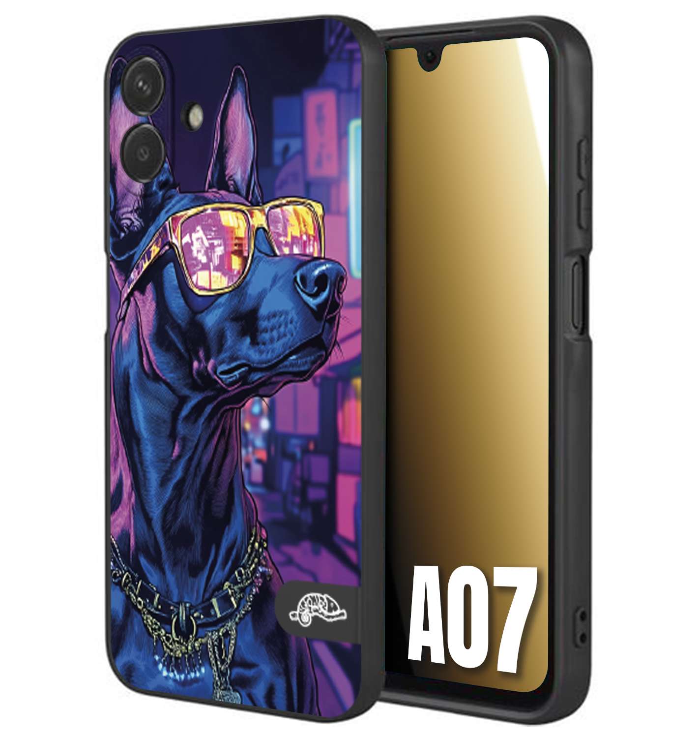 CUSTOMIZZA - Custodia cover nera morbida in tpu compatibile per Samsung A07 animali cyberpunk dobermann cane street dog fucsia blu night