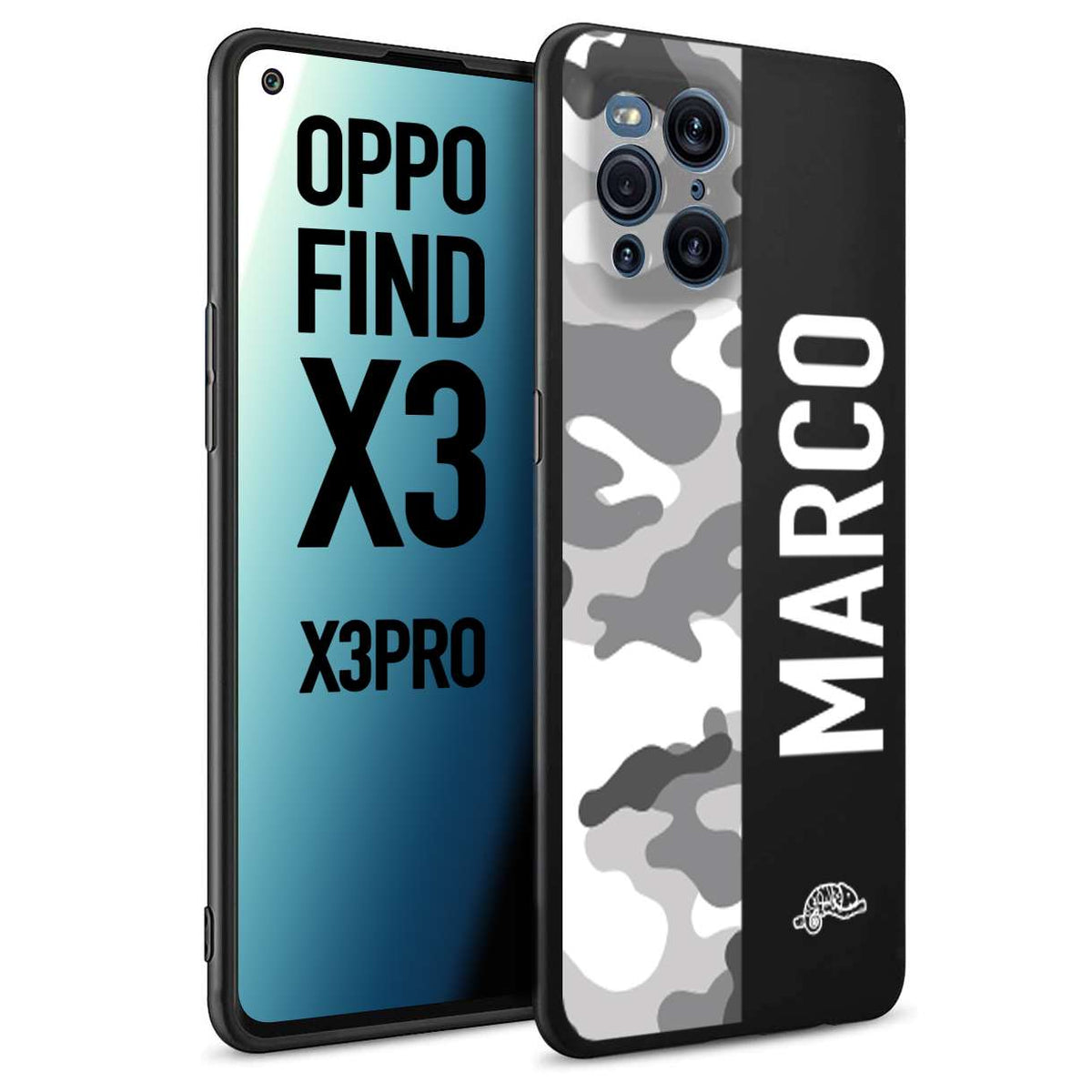 CUSTOMIZZA - Custodia cover nera morbida in tpu compatibile per Oppo Find X3 - Find X3 Pro 5G camouflage mimetico militare personalizzata nome bianco