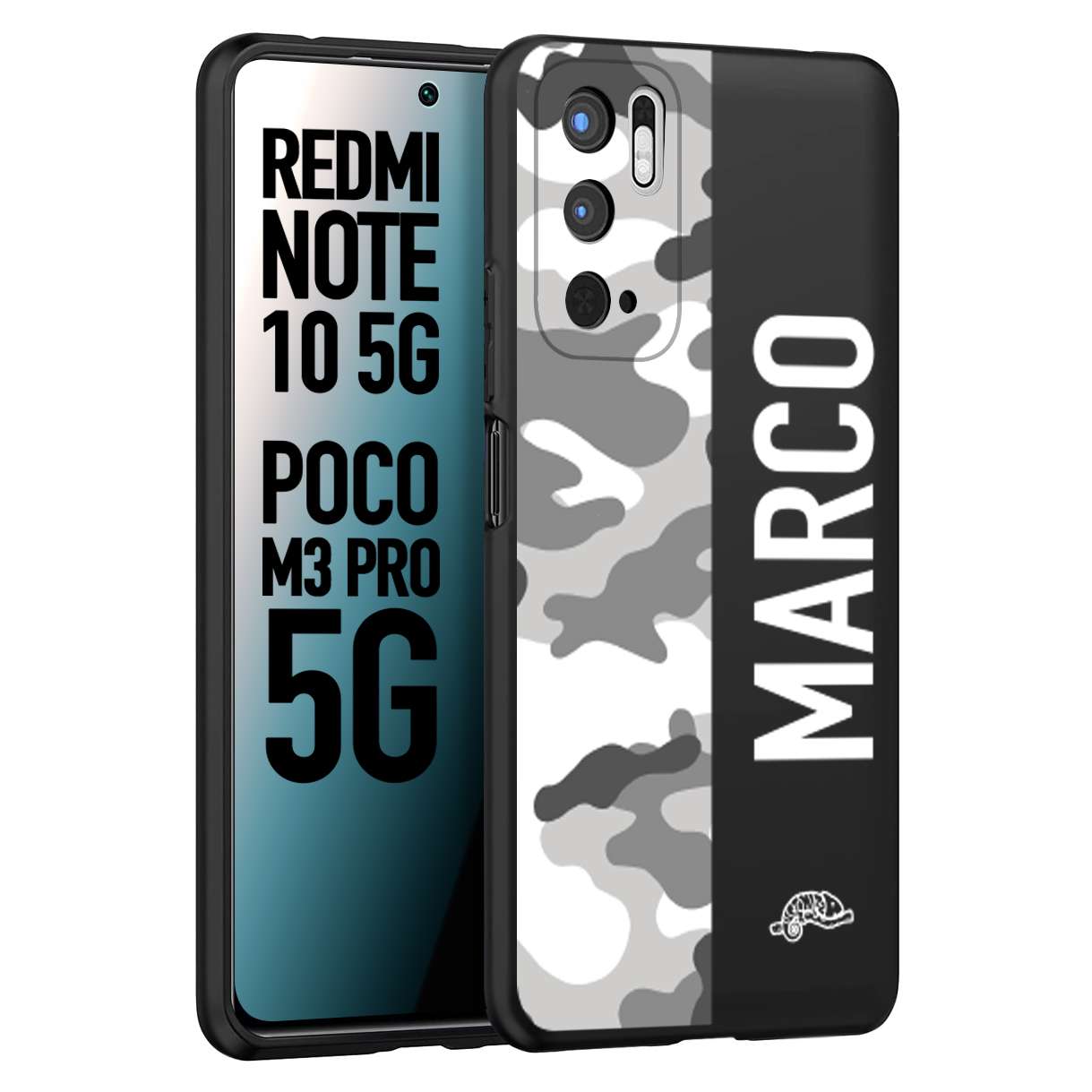 CUSTOMIZZA - Custodia cover nera morbida in tpu compatibile per Xiaomi Redmi Note 10 5G - Poco M3 Pro 5G camouflage mimetico militare personalizzata nome bianco