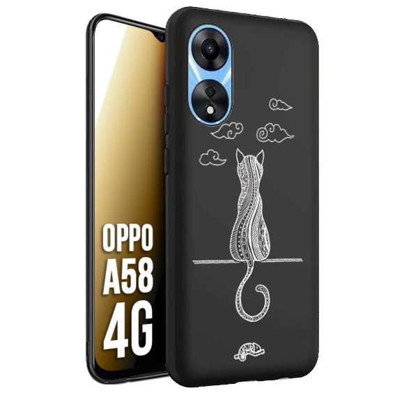 CUSTOMIZZA - Custodia cover nera morbida in tpu compatibile per Oppo A58 4G gatto mandala stilizzato gattino a rilievo soft touch donna bianca