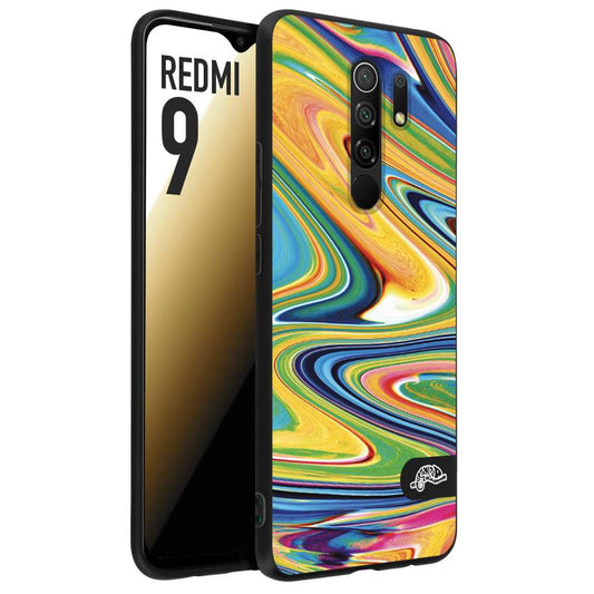 CUSTOMIZZA - Custodia cover nera morbida in tpu compatibile per Xiaomi Redmi 9 colorata fantasia vortice marmo arcobaleno gialla verde blu