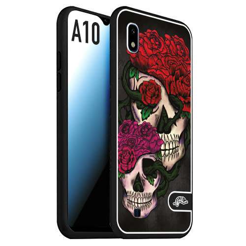 CUSTOMIZZA - Custodia cover nera morbida in tpu compatibile per Samsung A10 teschi e rose rosse fucsia skull and roses