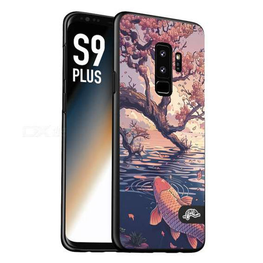 CUSTOMIZZA - Custodia cover nera morbida in tpu compatibile per Samsung S9 PLUS giapponese lago carpa koi rosa con foglie d'acero disegnata tattoo