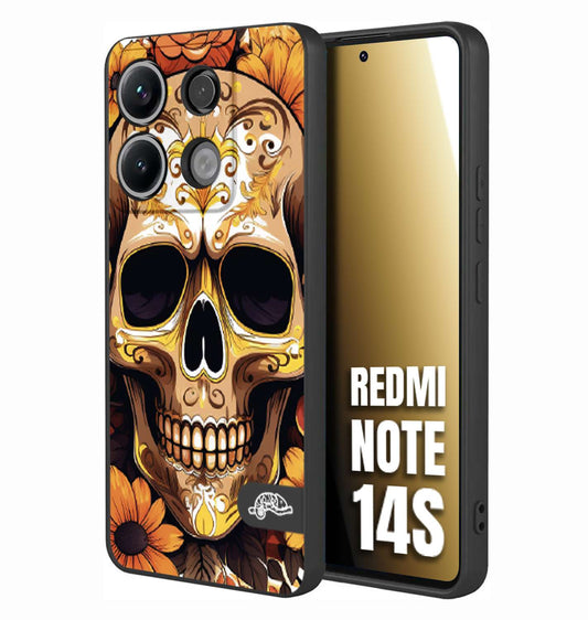 CUSTOMIZZA - Custodia cover nera morbida in tpu compatibile per Xiaomi Redmi Note 14S teschio messicano colorato dorato fiori tattoo disegnato