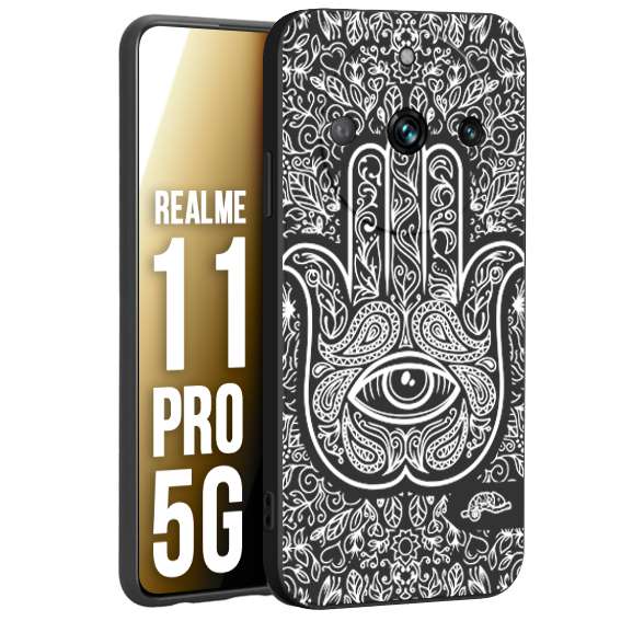 CUSTOMIZZA - Custodia cover nera morbida in tpu compatibile per Oppo Realme 11 PRO 5G mano di fatima effetto rilievo mandala donna