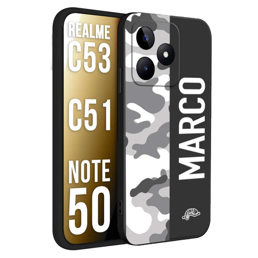 CUSTOMIZZA - Custodia cover nera morbida in tpu compatibile per Realme C53 - C51 - NOTE 50 camouflage mimetico militare personalizzata nome bianco