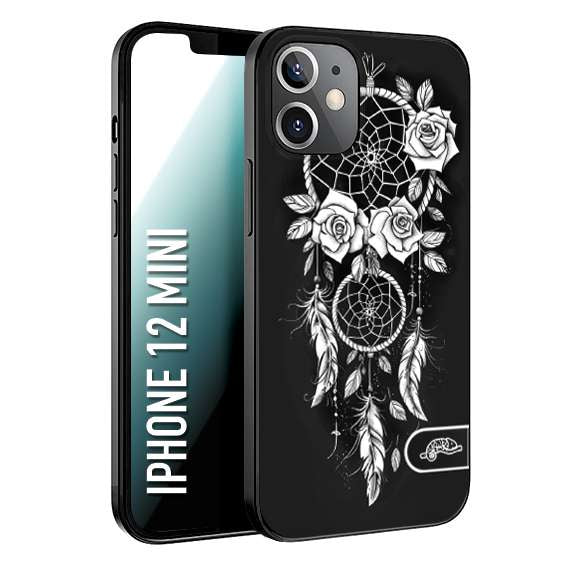 CUSTOMIZZA - Custodia cover nera morbida in tpu compatibile per iPhone 12 MINI acchiappasogni dreamcatcher black and white bianco a rilievo disegnato tattoo tatuaggio