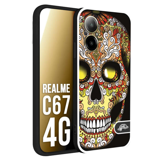 CUSTOMIZZA - Custodia cover nera morbida in tpu compatibile per Realme C67 4G teschio messicano Mexican skull giallo rosso arancio