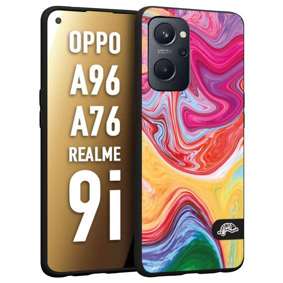 CUSTOMIZZA - Custodia cover nera morbida in tpu compatibile per Oppo Realme 9i - A96 - A76 colorata fantasia vortice marmo onde verde fucsia gialla