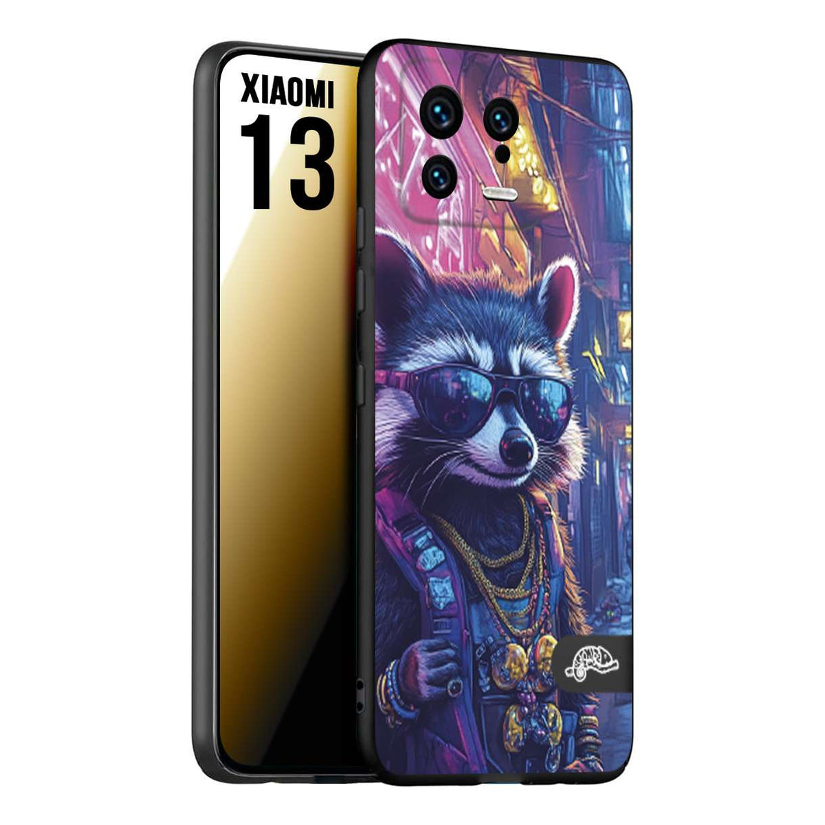 CUSTOMIZZA - Custodia cover nera morbida in tpu compatibile per Xiaomi 13 animali simpatici cyberpunk procione racoon street cat fucsia blu giallo