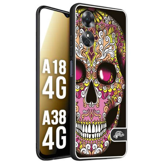 CUSTOMIZZA - Custodia cover nera morbida in tpu compatibile per Oppo A18 4G - A38 4G teschio messicano Mexican skull rosa gialla