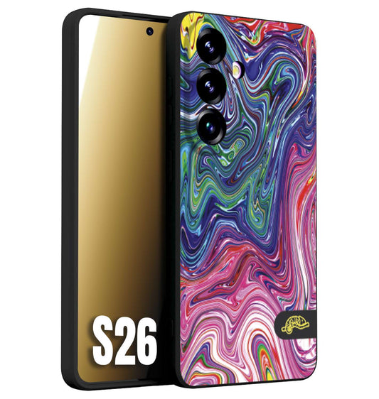 CUSTOMIZZA - Custodia cover nera morbida in tpu compatibile per Samsung S26 colorata fantasia vortice marmo arcobaleno rosa blu fucsia