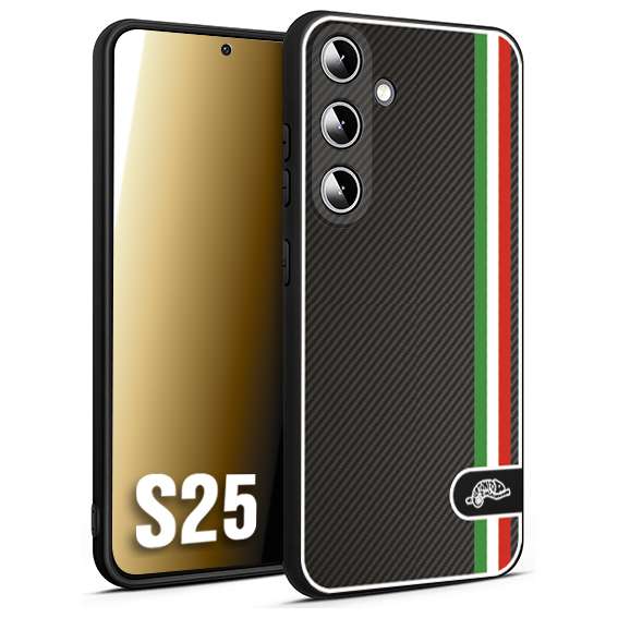 CUSTOMIZZA - Custodia cover nera morbida in tpu compatibile per Samsung S25 effetto fibra di carbonio bandiera Italia made in Italy