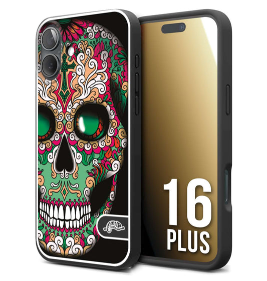 CUSTOMIZZA - Custodia cover nera morbida in tpu compatibile per iPhone 16 PLUS teschio messicano Mexican skull verde fucsia