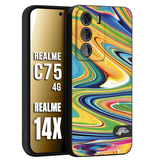 CUSTOMIZZA - Custodia cover nera morbida in tpu compatibile per Realme 14X - C75 4G colorata fantasia vortice marmo arcobaleno gialla verde blu