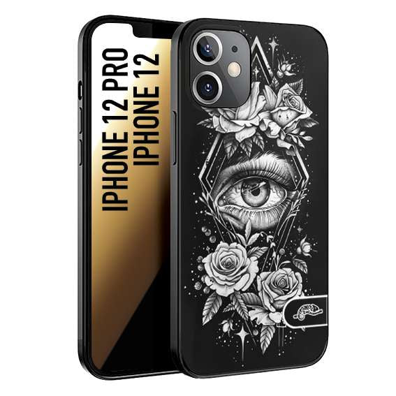 CUSTOMIZZA - Custodia cover nera morbida in tpu compatibile per iPhone 12 - 12 PRO occhio fiori rombo geometrico black and white bianco a rilievo disegnato tattoo tatuaggio