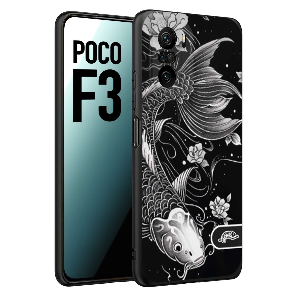 CUSTOMIZZA - Custodia cover nera morbida in tpu compatibile per Xiaomi Poco F3 carpa koi black and white bianco a rilievo disegnato tattoo tatuaggio