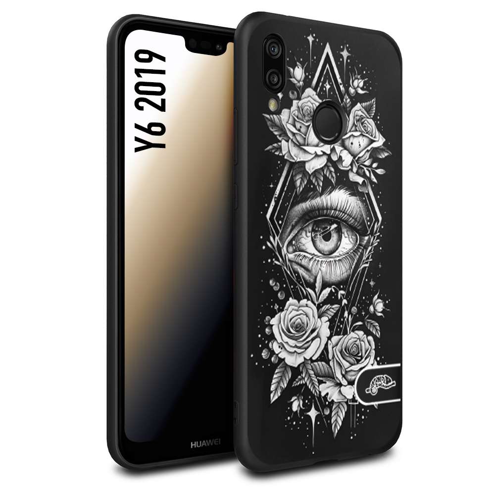 CUSTOMIZZA - Custodia cover nera morbida in tpu compatibile per Huawei Y6 2019 occhio fiori rombo geometrico black and white bianco a rilievo disegnato tattoo tatuaggio