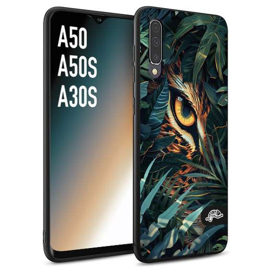 CUSTOMIZZA - Custodia cover nera morbida in tpu compatibile per Samsung A50 - A50S - A30S animali color giungla tropicale occhio di giaguaro felino disegnato
